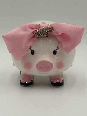 Mud Pie Pink Piggy Bank Ceramic Bow Rhinestone Girls Nursery Decor